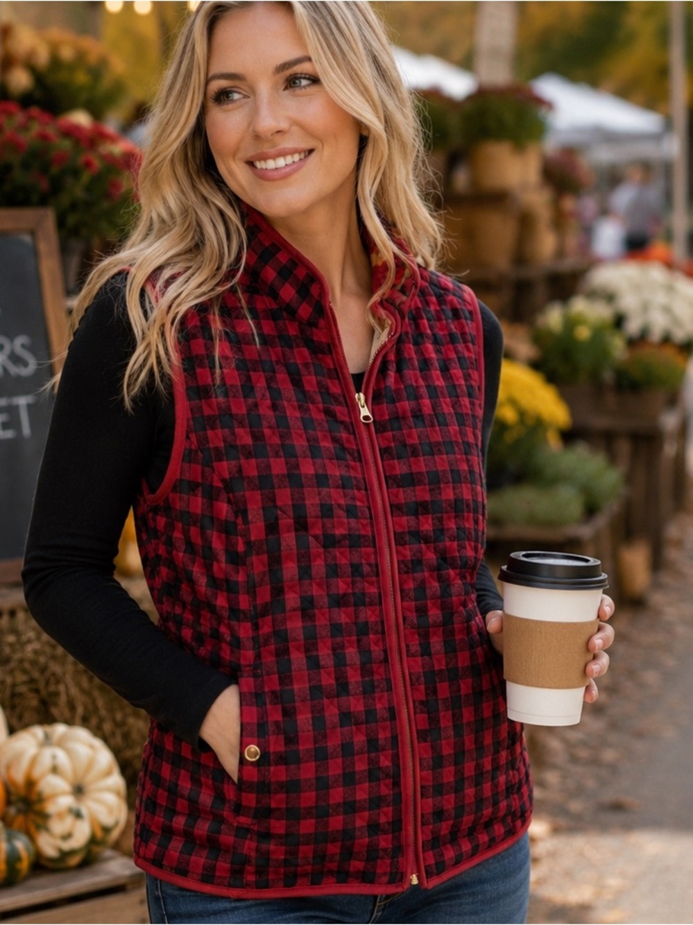 Croft & Barrow Buffalo Plaid Puffer Vest Red Black Cotton Women’s Size Large